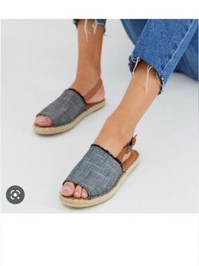 TOMS Clara Textured Chambray Leather Sling Back Espadrille Sandals Blue Navy 7.5